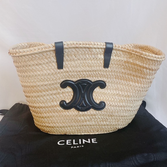 CELINE Triomphe logo leather trimmed raffia tote shoulder bag - Picture 5 of 10